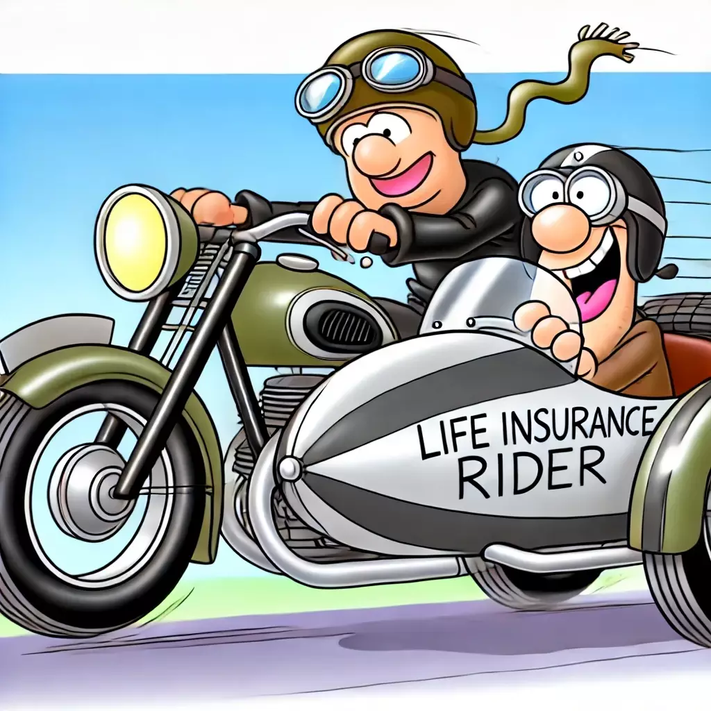 Cartoon depicting a life insurance rider like a sidecar on a motorcycle